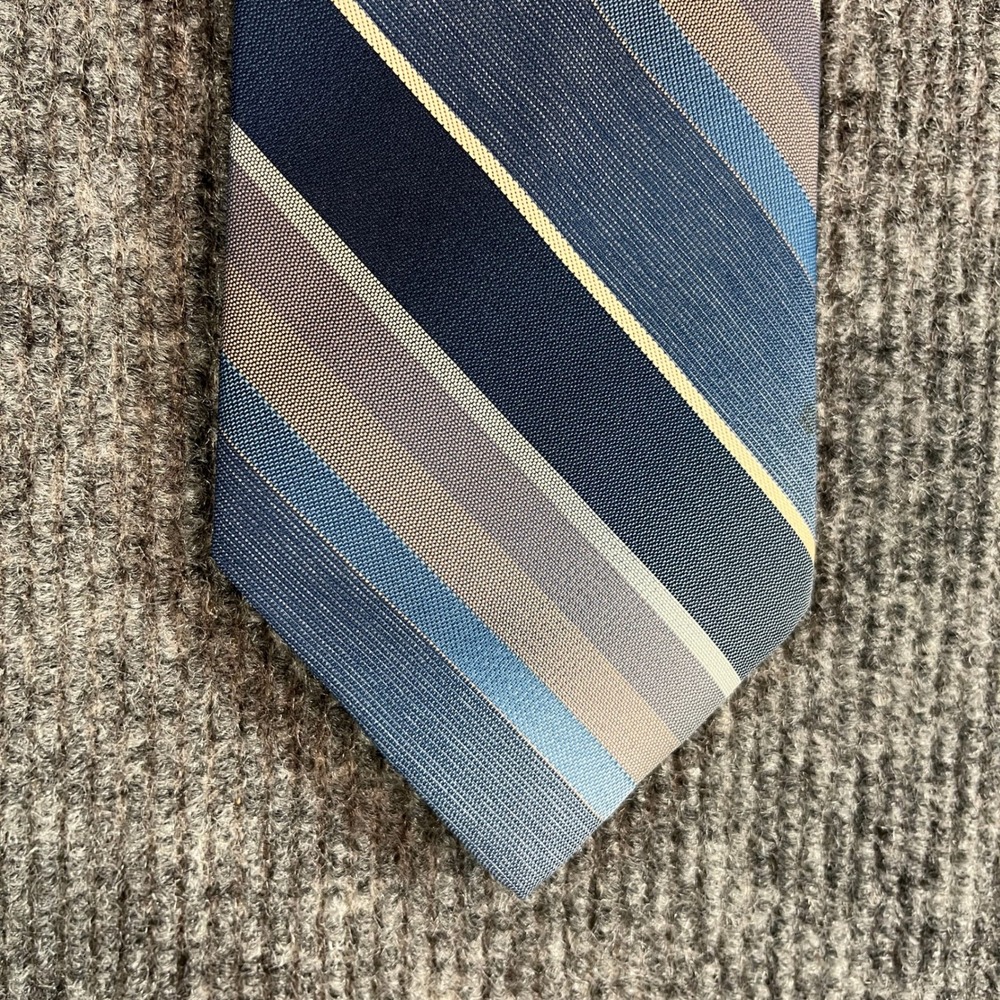 Johnny Carson Vintage Blue Grey Striped Polyester Necktie Made in USA